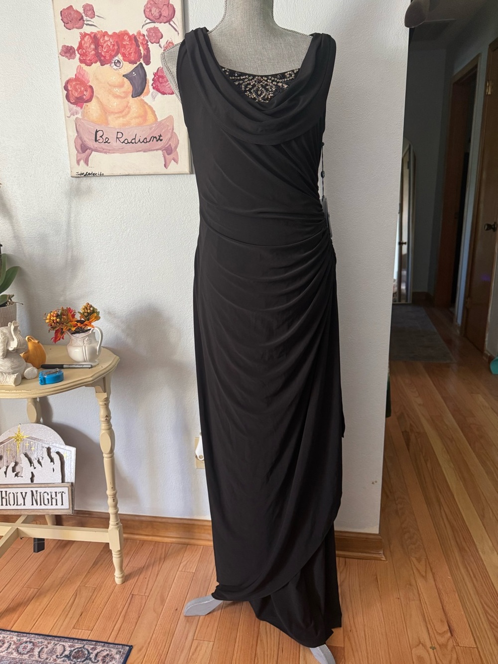 Adrianna Papell black gown side drapped sleeveless 10 NWT